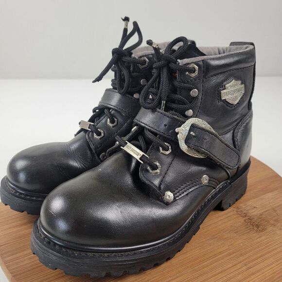 Harley Davidson Black Leather Moto Combat Buckle Boots Women's shoe size 6.5 - Picture 3 of 16
